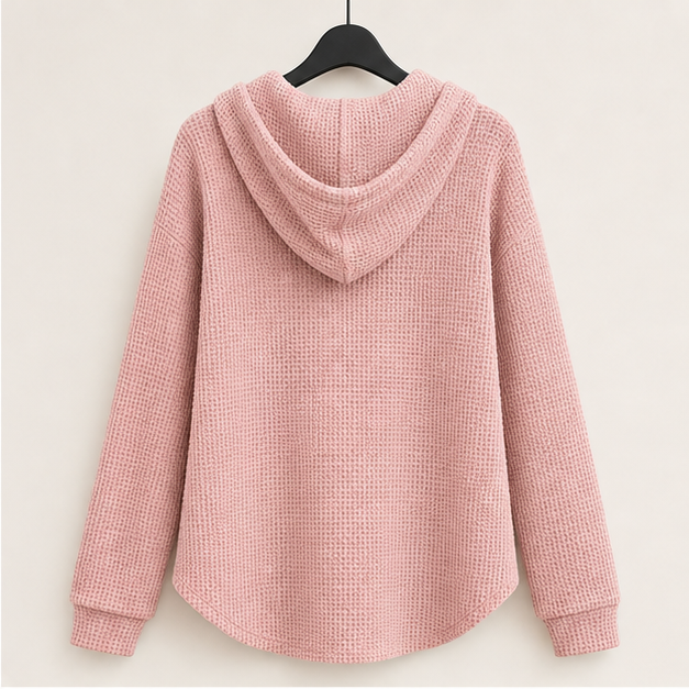 Women Waffle Knit Long Sleeve Drawstring Button V Neck Casual Sweatshirt Hooded Tops Fashion Clothing - image 2